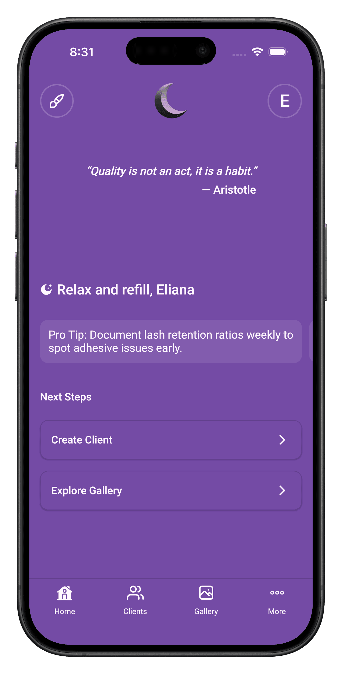 Lunelle iOS app home screen showing a lash artist's client list and upcoming appointments