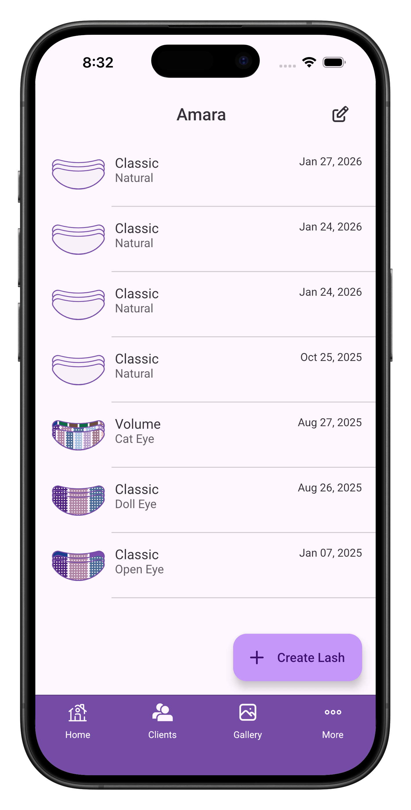 Lunelle client management screen — list of lash artist clients with notes