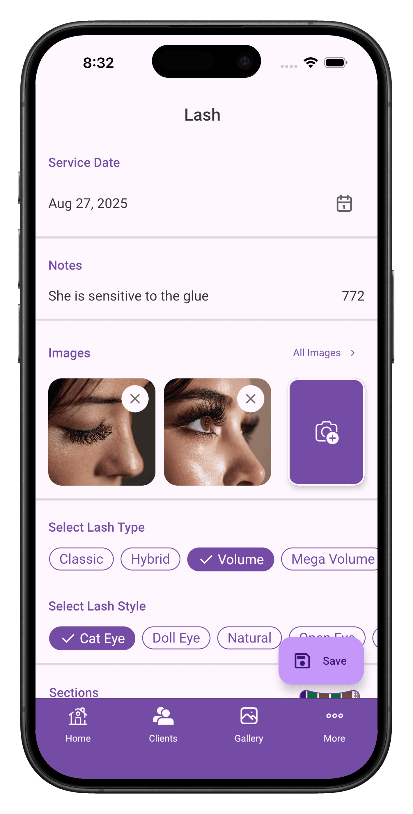 Lunelle appointments screen — calendar of upcoming lash bookings