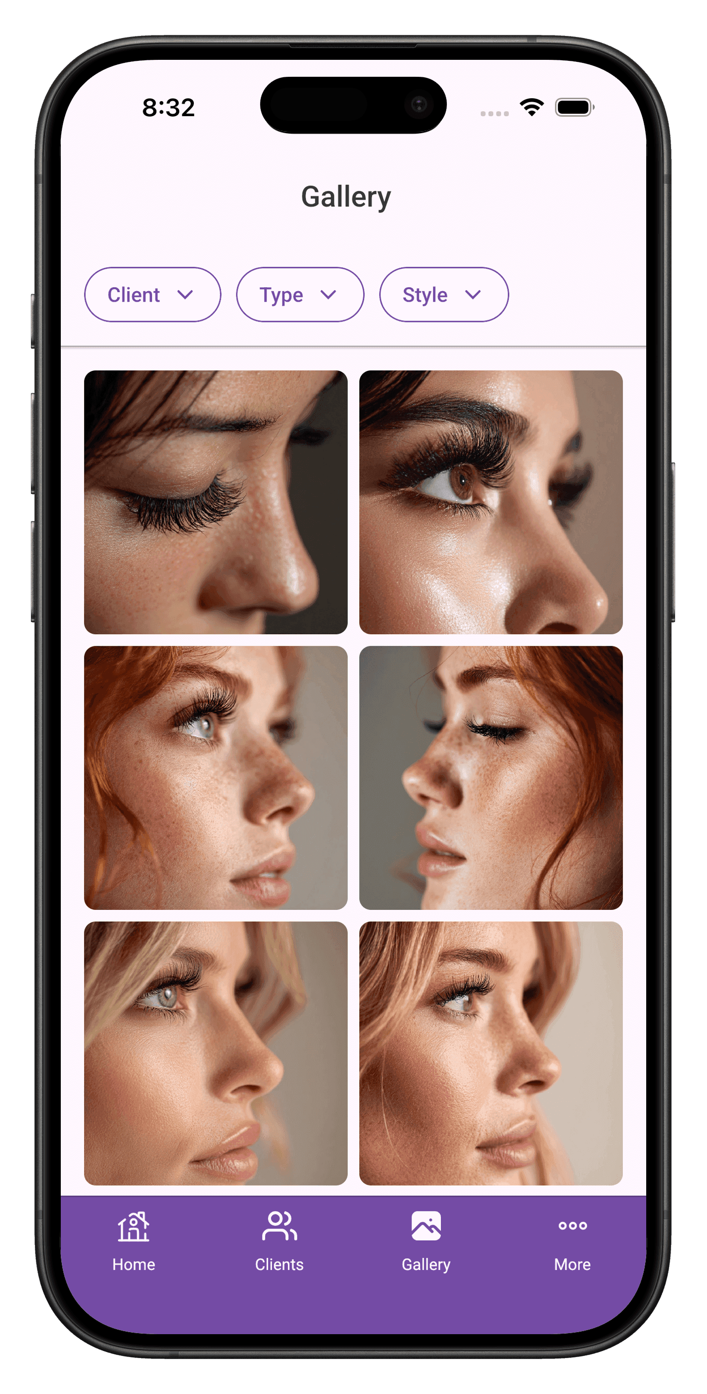 Lunelle gallery screen — before-and-after lash photo portfolio